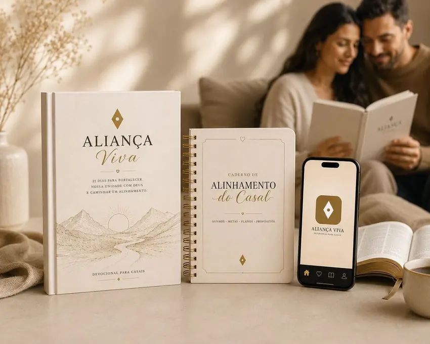 Casal lendo o devocional Aliança Viva, com o caderno de alinhamento e o app no celular