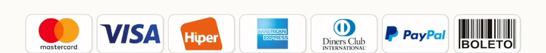 Formas de pagamento aceitas: Mastercard, Visa, Hiper, American Express, Diners Club, PayPal e Boleto